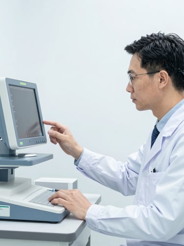 Medium shot of a professional biomedical engineer in a clean clinical environment, carefully calibrating a high-tech medical monitor, bright white studio light, desaturated blue tones