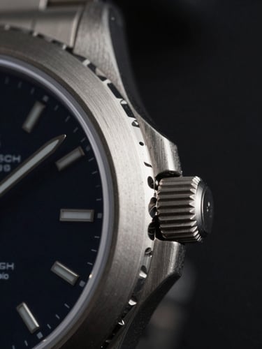 Macro close-up of a brushed steel watch bezel, dramatic chiaroscuro lighting, deep obsidian background, sharp metallic textures, 85mm lens