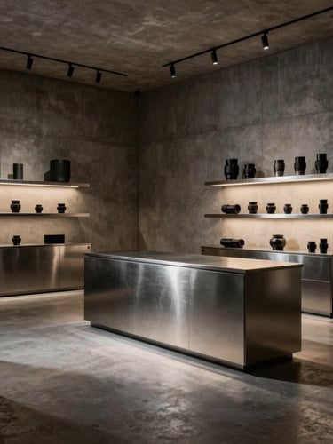 Wide shot of a minimalist luxury atelier interior in Milan, concrete walls, brushed steel fixtures, warm architectural lighting, sharp shadows, 85mm lens