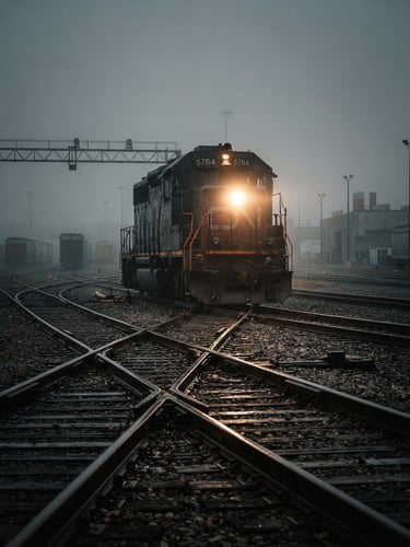 A powerful diesel locomotive headlight cutting through early morning yard fog, high-contrast industrial steel tracks in desaturated tones