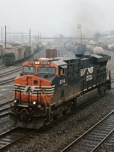 A powerful Norfolk Southern diesel locomotive idling in an industrial rail yard under heavy overcast morning fog, desaturated steel tones with sharp orange accents, 35mm documentary style.