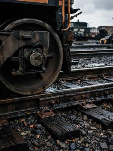 A close-up of weathered steel tracks and heavy locomotive wheels in a dark, high-contrast Norfolk Southern rail yard under overcast morning light.