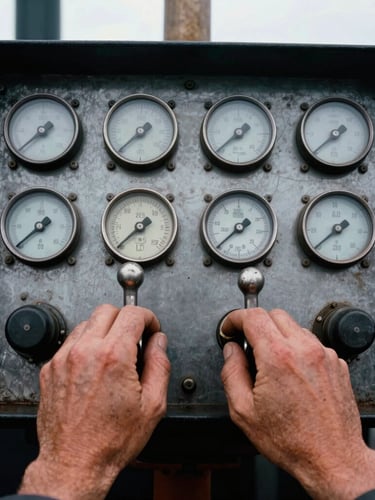 Close-up of weathered hands on a locomotive control stand, industrial dials and levers under moody overcast light