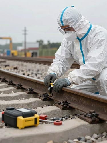 Close-up documentary shot of a rail infrastructure site in progress — a worker in full PPE inspecting freshly installed track components, cool overcast daylight, tools and safety equipment visible in the foreground, real operational context with no posed elements