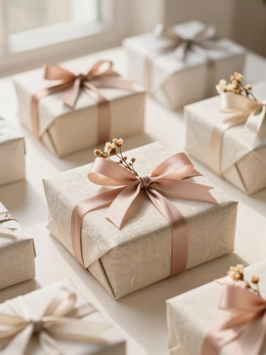 A sunlit studio table showing curated gift boxes wrapped in linen, botanical ribbons, and dried flowers, overhead angle, shallow depth of field