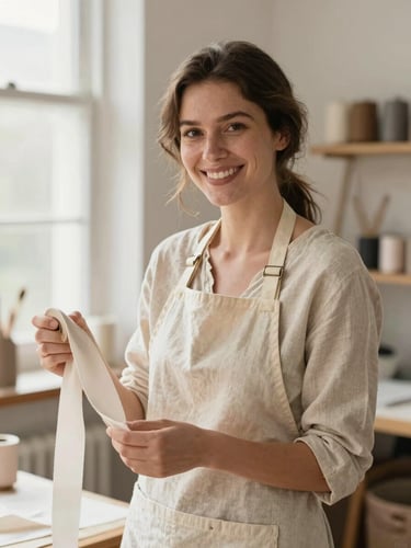 A portrait of a woman artisan with a warm smile, wearing a linen apron, holding a roll of silk ribbon in a sunlit craft studio, 35mm