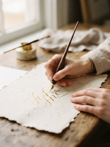 Close-up of a woman's hands carefully writing calligraphy with gold ink on textured hand-torn paper, soft morning light from a window