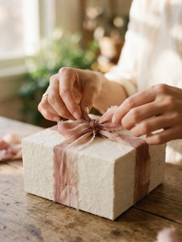 Intimate close-up of hands tying a botanically dyed silk ribbon around a textured cream paper box, warm morning window shadows, shallow depth of field, 35mm