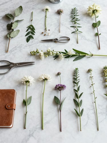 Minimalist, bright overhead shot of a clean marble florist table with metal shears, a leather-bound notebook, and structured floral stems laid out in precise rows, diffused natural daylight.