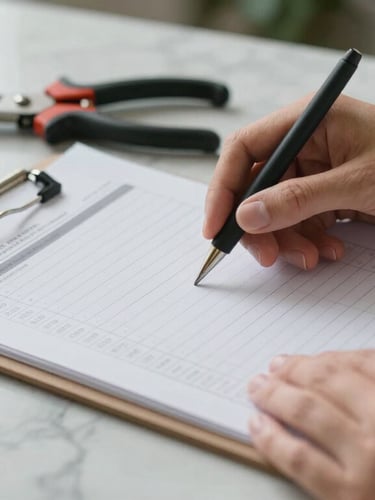 Close-up shot of hands organizing a clean clipboard with a printed logistics spreadsheet next to floral shears on a marble table, soft daylight.