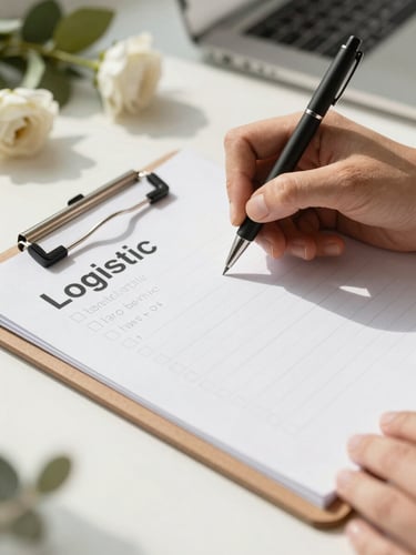 Close-up of hands writing logistics notes on a clean clipboard in a bright, sunlit floral studio, soft shadows, editorial style.