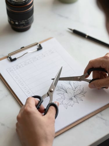 Clean, natural diffused daylight on a marble studio table. Hands holding metal shears next to an organized clipboard with stem counts and floral layout blueprints.
