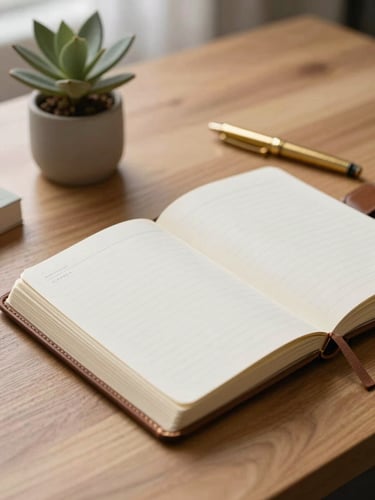 Diffused natural light on a clean oak desk with an open leather planner, a brass pen, and a minimalist botanical arrangement, editorial crop.