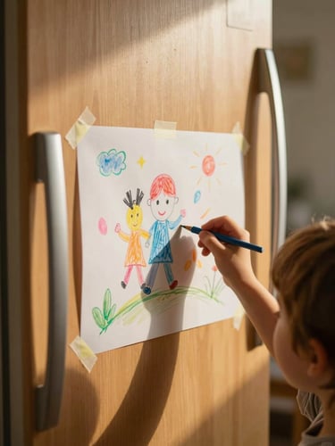 Soft golden hour light illuminating a child's colorful drawing taped to a warm wooden refrigerator door, close-up details, quiet household atmosphere.