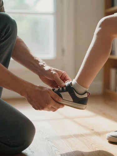 Candid moment of a parent gently tying a young child's shoe in a sunlit hallway, soft natural window light, warm earth tones.