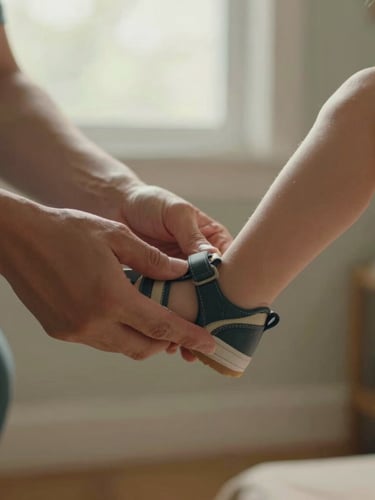 Candid, close-up photograph of a parent gently tying a young child's shoe in soft morning window light, warm lived-in home background.