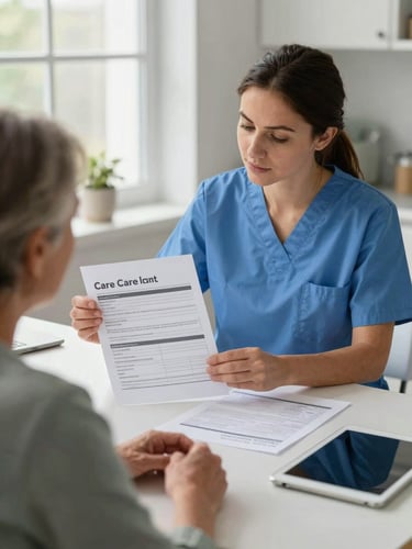 Medium shot of a home health aide reviewing a printed care plan document with a patient's family member at a kitchen table, bright natural light from a window, printed charts and a tablet visible on the table surface, focus on the documentation being reviewed together