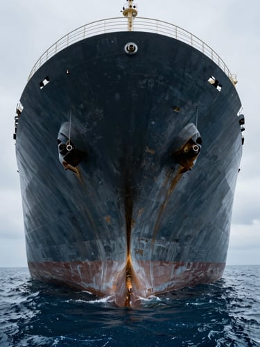 Dramatic low-angle portrait shot of a massive commercial cargo ship hull, dark weathered steel plates, cold blue ocean water, overcast morning light.