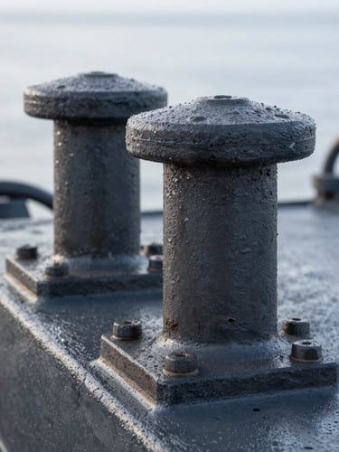 Extreme close-up of heavy industrial marine hardware and steel stanchions, cold daylight, sharp focus on the rugged texture.