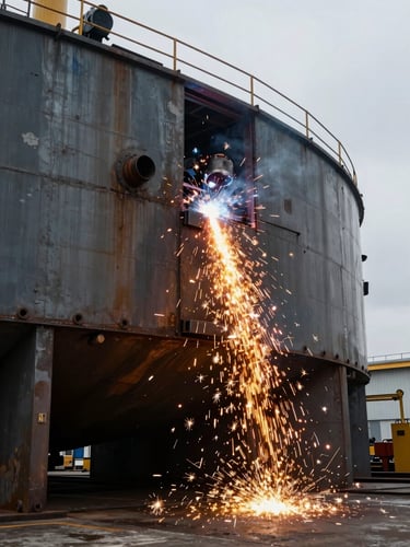 Portrait shot of welding sparks cascading down a massive steel hull in drydock, high-contrast overcast daylight, industrial scale.