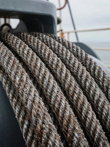 Extreme close-up of heavy steel mooring lines tensioned on a ship deck, overcast daylight, industrial texture.