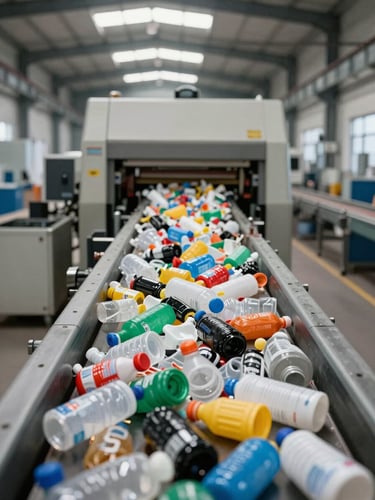 Wide facility shot of an industrial sorting conveyor line with mixed plastic waste moving through segregation, overhead daylight through factory skylights, machinery in operation showing scale and process organization