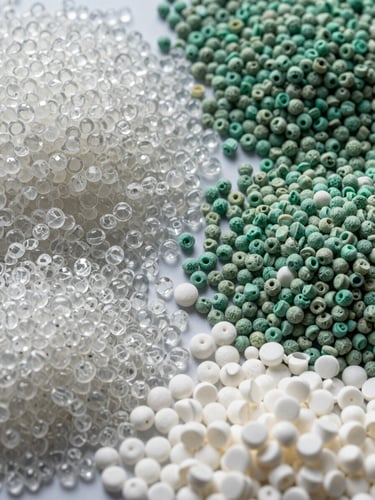 Overhead macro close-up of sorted plastic pellets grouped by resin type—translucent PET granules, opaque white HDPE pellets, and green-tinted PP granules arranged in distinct clusters on a flat surface, studio strobe lighting from above revealing grain texture and density differences, sharp focus across all clusters, no hands, no labels