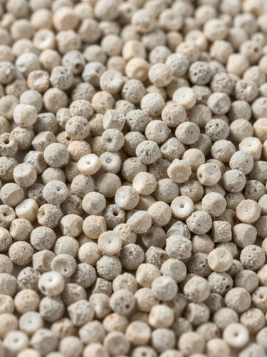 Close-up macro of uniform HDPE resin granules in natural grey-white tones arranged densely on a flat industrial tray, studio strobe side-lighting revealing surface sheen and grain consistency, no text, no people