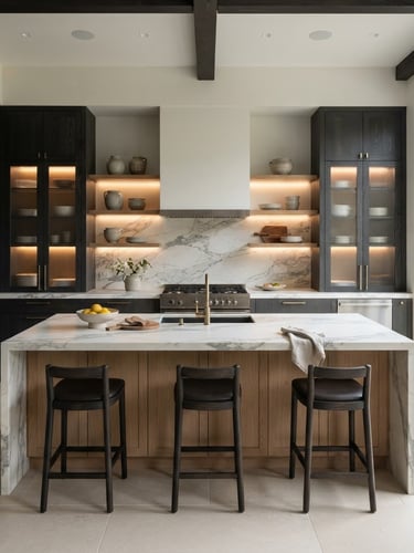Straight-on architectural shot of a luxury bespoke kitchen with warm integrated LEDs, soft natural daylight, premium oak and charcoal cabinetry.