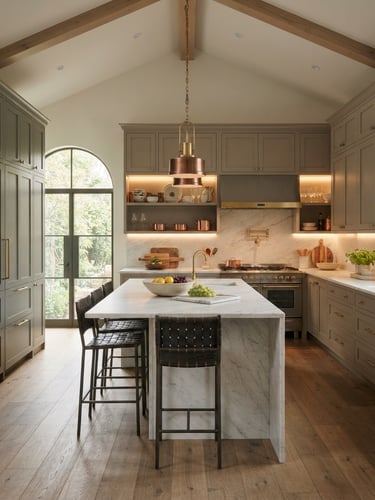 Straight-on architectural photograph of a luxury bespoke kitchen with warm integrated LED lighting, marble countertops, and hand-painted cabinets in muted luxury tones, 35mm tilt-shift lens.