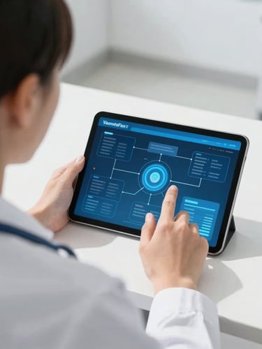 Over-the-shoulder shot of a medical IT professional interacting with a tablet displaying a secure data flow diagram, clean modern hospital environment, natural daylight, soft shadows, crisp white and clinical blue tones.