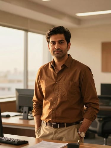 A professional, warm portrait of Gaurav Sharma in a modern office setting in Haryana, clean editorial composition, daylight