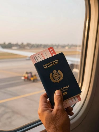 A close-up of a traveler holding an Indian passport and boarding pass next to a window overlooking a runway, warm golden-hour light