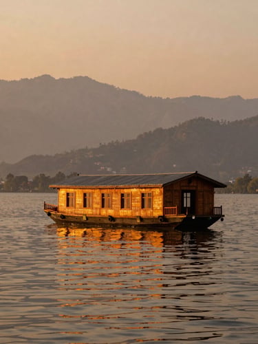 A wide-angle, cinematic shot of a traditional wooden houseboat floating on the calm waters of Dal Lake in Kashmir during golden hour, warm orange light reflecting on the water, majestic mountains in the background.