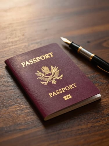 A close-up of a passport with gold-embossed details lying open on a dark wooden desk beside a classic fountain pen, soft warm light.