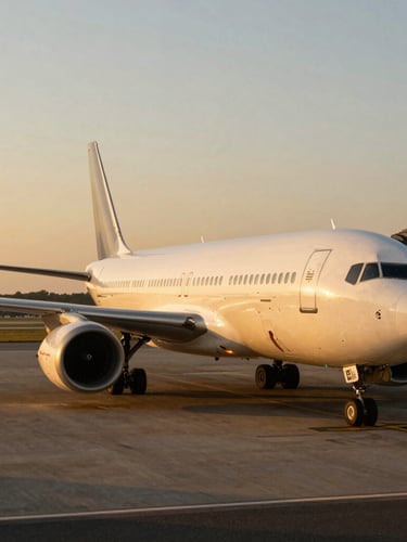 A modern wide-body airplane parked at an airport gate during golden hour, warm sunlight reflecting off the fuselage, cinematic composition