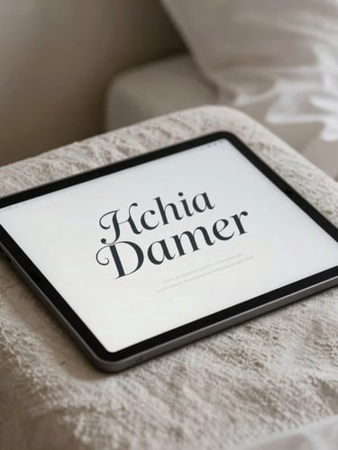 Portrait shot of a matte-screen writing tablet sitting on a linen-draped bedside table, soft morning light, displaying elegant charcoal serif typography.