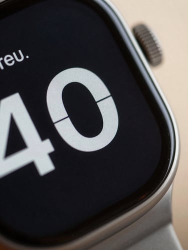 Close-up macro shot of the custom matte-screen UI showing clean geometric typography for a weather widget, soft diffused afternoon light, brushed metal details