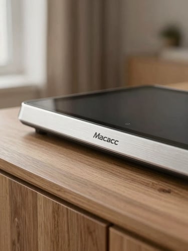 Close-up of a Macrotab ambient dashboard sitting on a matte oak sideboard in a softly lit Scandinavian living room, warm morning light filtering through a window, shallow depth of field, focusing on the brushed aluminum edge and clean typography on the matte screen.