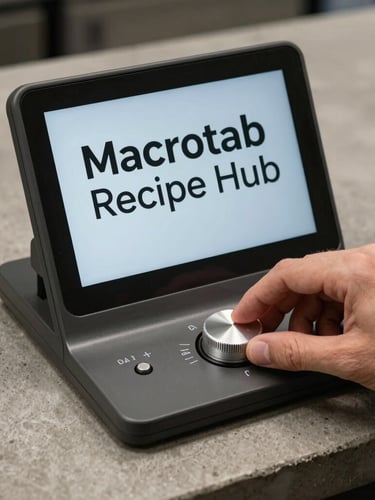 Close-up of the Macrotab Recipe Hub sitting on a concrete counter, showing clean typography on a matte screen, a hand gently rotating a physical aluminum dial