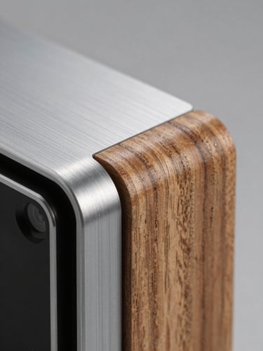 Macro shot of brushed aluminum and oak wood grain textures of a Macrotab device frame, soft diffused lighting.