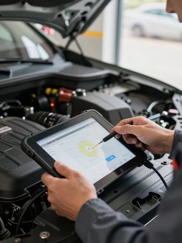 Close-up of a master mechanic using a digital diagnostic tablet connected to a modern car engine bay, natural workshop light, sharp focus, 35mm lens