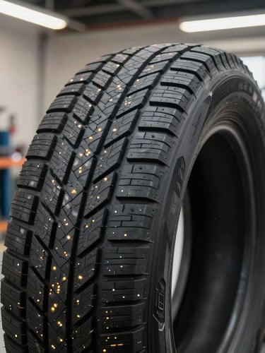 Close-up of a high-quality winter tire tread in a clean, modern garage bay, natural workshop light, warm amber task lighting, sharp focus on the rubber details, 35mm lens