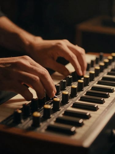 Close-up of a producer's hands adjusting vintage analog synthesizer knobs, warm amber tube glow, dark moody studio environment, shallow depth of field, 35mm film