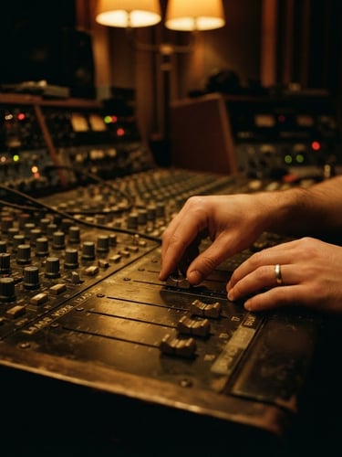 Moody cinematic close-up of hands adjusting brass faders on a vintage analog mixing console in a dimly lit Berlin recording studio, warm amber glow, shallow depth of field, 35mm film.