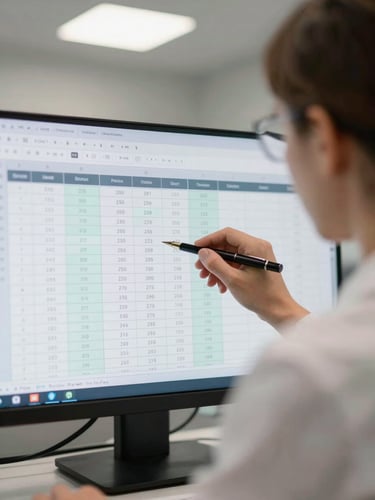 Close-up over-shoulder perspective of a clinic administrator reviewing appointment data on a monitor, columns of time slots and patient status indicators visible on screen, soft overhead office light, natural and unposed
