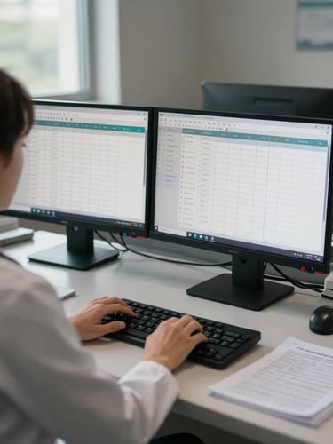Over-shoulder wide shot of a clinic provider at a workstation, multiple appointment scheduling columns visible on dual monitors, hands on keyboard mid-entry, natural window light from the left, paperwork visible on the desk surface, muted clinical office environment