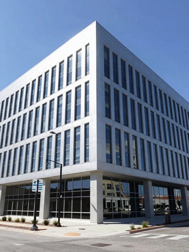 Wide-angle architectural photograph of a modern commercial office building in Lehi Utah, steel and glass facade, bright daylight with sharp clean shadows