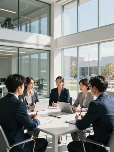 Professional collaborative meeting in a bright, sunlit Lehi office with modern glass walls and clean architectural lines, professional and focused atmosphere.