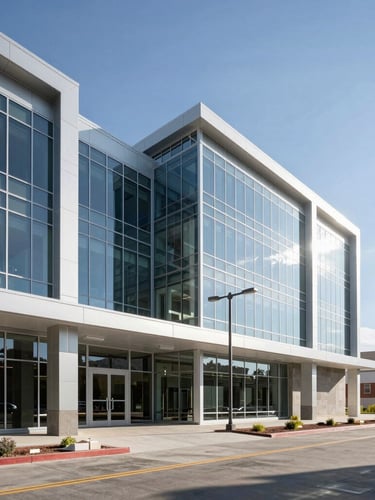 Wide-angle architectural photograph of a modern glass and steel commercial building in Lehi under crisp Utah daylight, sharp shadows, clean lines.